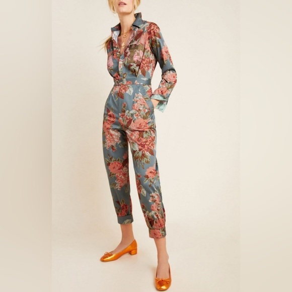 Anthropologie Sz 0 Fiona Utility Long Sleeve Jumpsuit Floral Motif